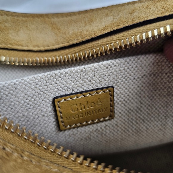 Chloe Logo Charm Hobo Bag Khaki Suede Gold Shoulder Bag - Picture 9 of 11